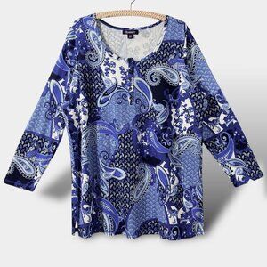 Roaman's Henley Womens 18/20 Blue White Long Sleeve Paisley Button Thermal NWOT